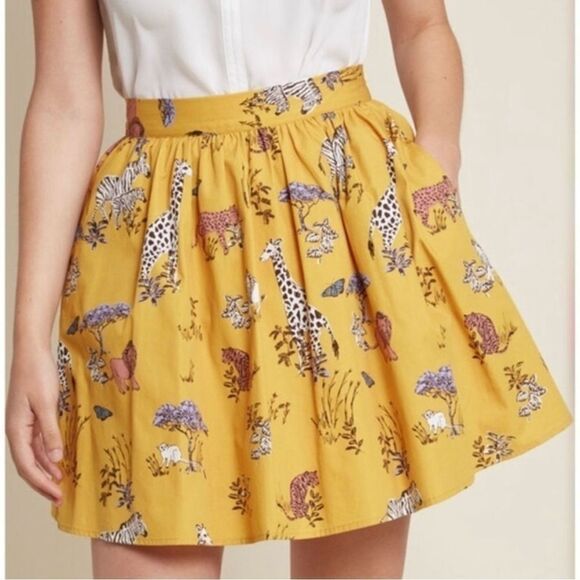 Modcloth Dresses & Skirts - ModCloth Mini Skater Safari Animal Skirt Mustard Yellow White Black Pink Size M